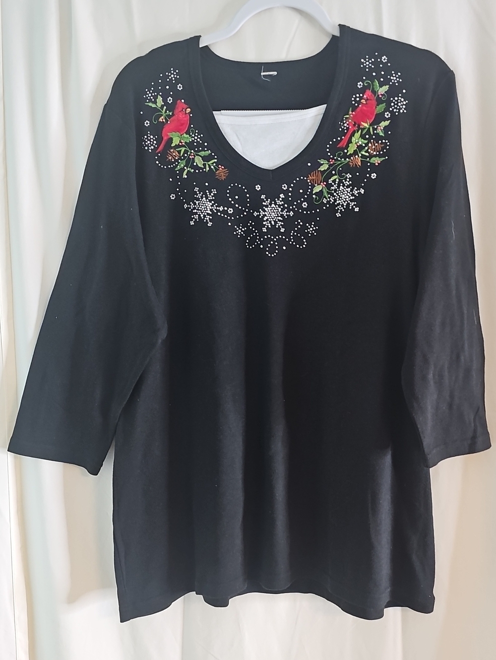 Holiday Black Women's Embroidered Cardinal Scoop Neck Top